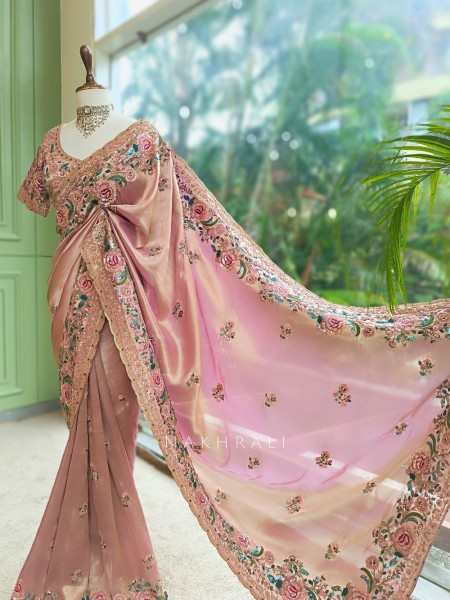 Siya Peach Floral Embroidered Saree with Readymade Blouse