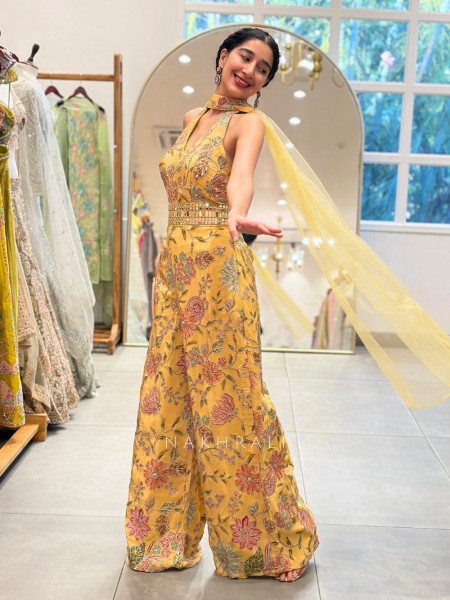 Kiara Mustard Jumpsuit with Floral Zari Work