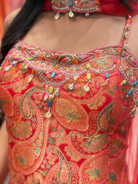 Taru-meet Orange Suit Set with Intricate Paisley Embellished Work
