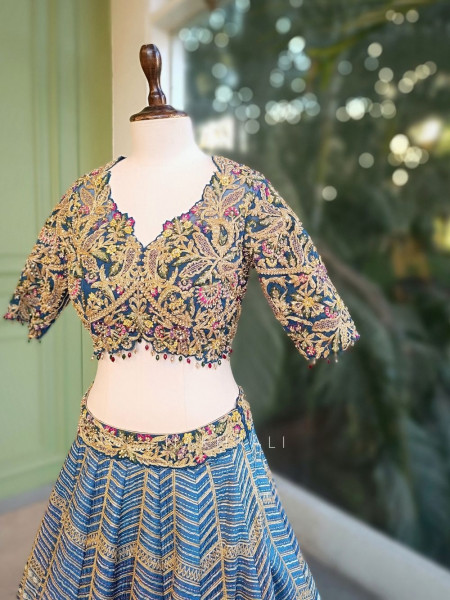 Briona Blue Bridal Lehenga Set with Zari Sequin and Gota Work