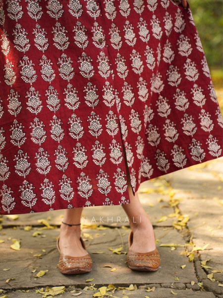 Rihana Maroon Cotton Block Printed Button-Down Dress