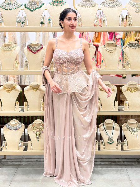 Ethereal Dusty Pink Hand-Embellished Cutdana Corset Drape Saree