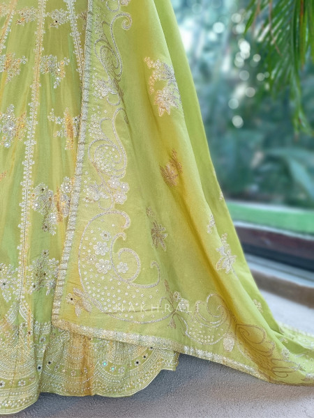 Pank Parrot Green Banarasi Silk Lehenga Set With Sequin Floral & Paisley Work