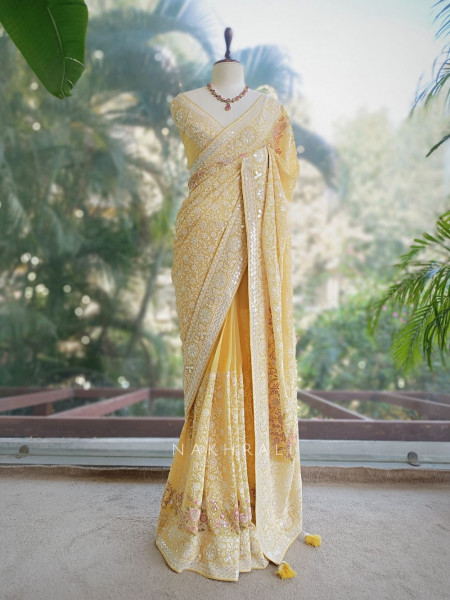 Ecru Yellow Embroidered Elegance Saree with Sequin Detailing