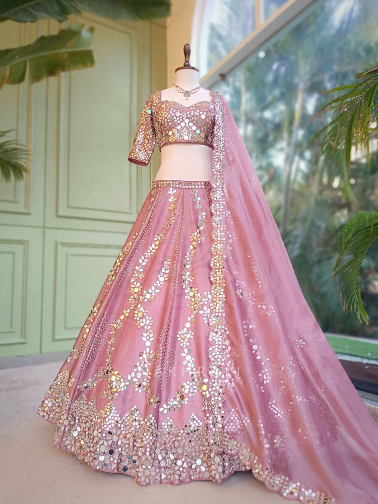 Image of Aaina-e-Gul Pink Tissue Silk &amp; Organza Silk Lehenga