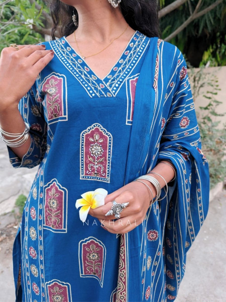 Ravion Blue Straight Suit Set with Heritage Print Dupatta