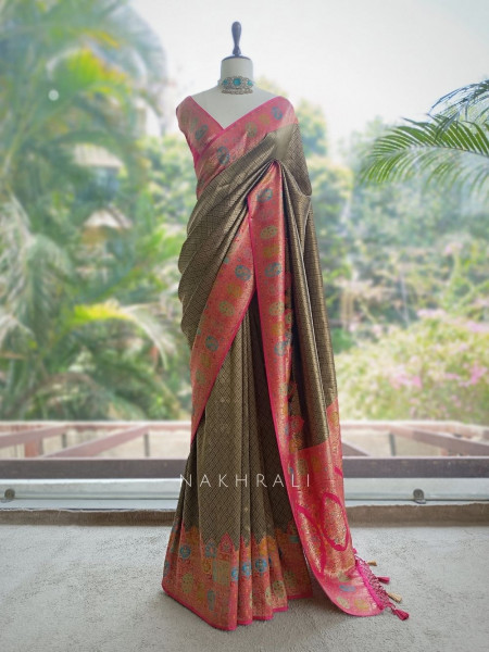 Kanira Golden Zari Brocade Saree with Magenta Paithani Border