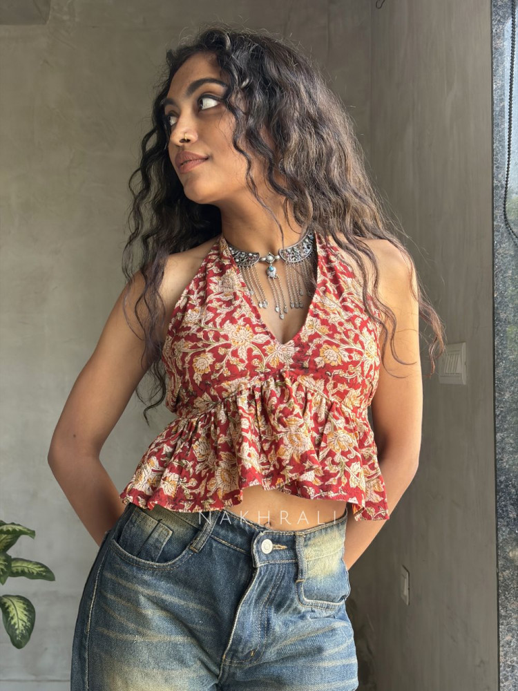 Image of Ruby Bloom Maroon Printed Crop Top