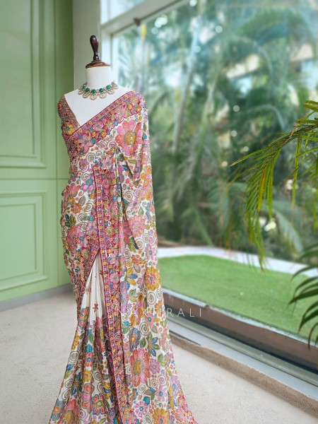 Kaleido Flora  Cream Silk Georgette Saree