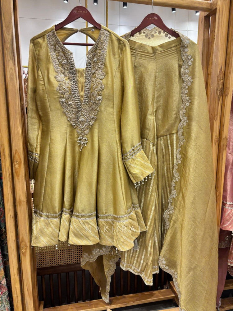 Image of Nazakat-E-Tissue Mehendi Green Short Anarkali Sharara Suit Set