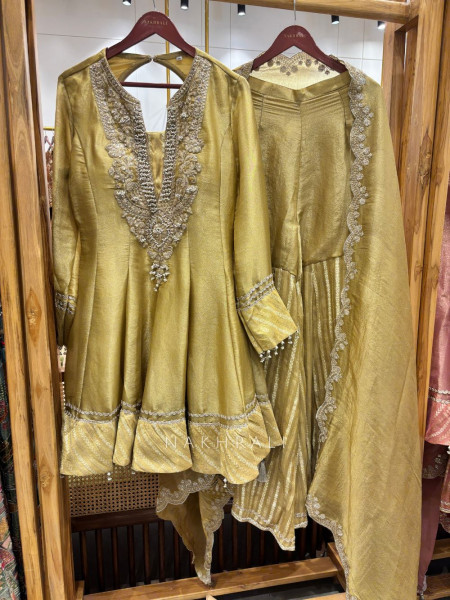 Nazakat-E-Tissue Mehendi Green Short Anarkali Sharara Suit Set