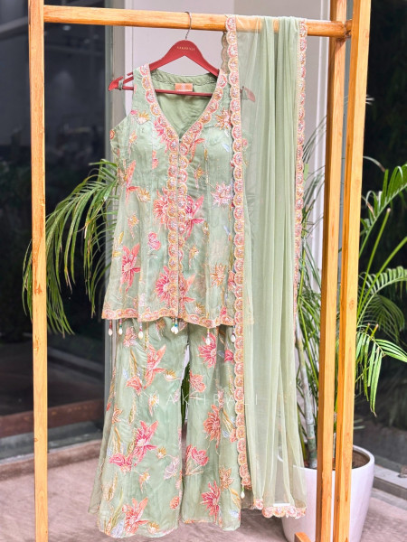 Willow Bloom Pista Green Indo-Western Palazzo Kurta Set