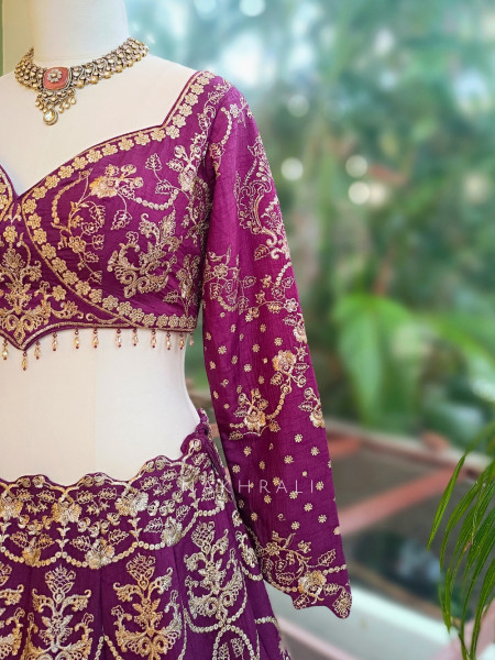 Gulzari Wine Raw Silk Lehenga Set