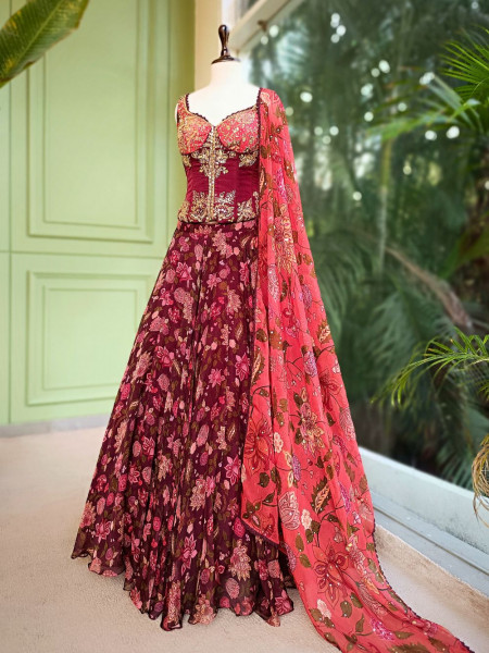 Crimson Bloom Georgette Corset Lehenga with Sequin Embroidery
