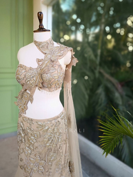 Aurevia Beige Indo-Western Mermaid Lehenga with Sequin and Pearl Work