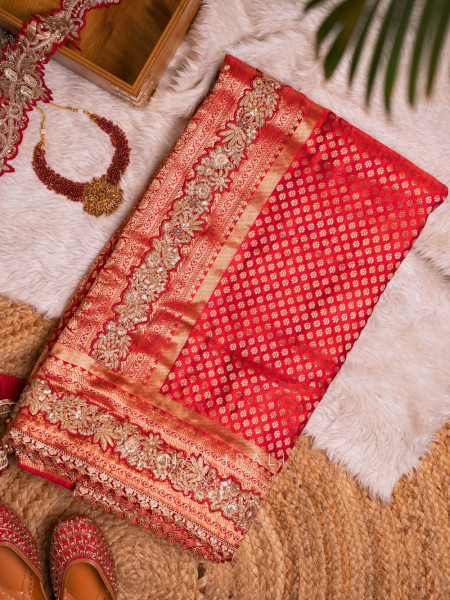 Shringaar Red Brocade Silk Saree with Zari and Sequin Work