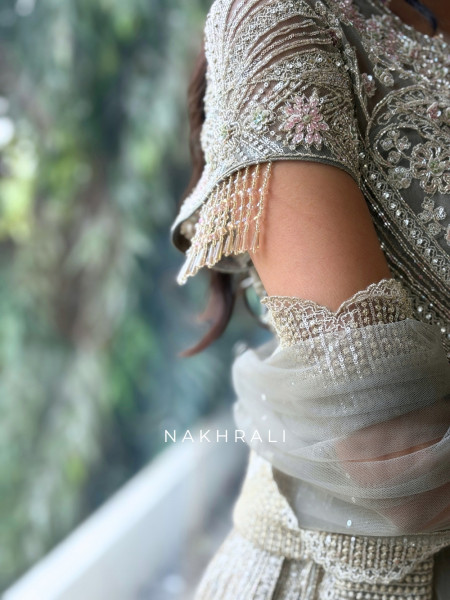 The Silver Willow Grey Tulle, Banarasi Brocade & Net Peplum Palazzo Set