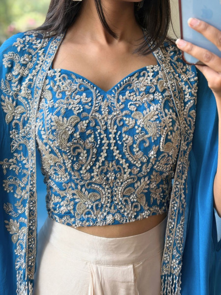 Aria Tulip Blue Georgette Crop Top Dhoti Skirt Set with Cape Jacket