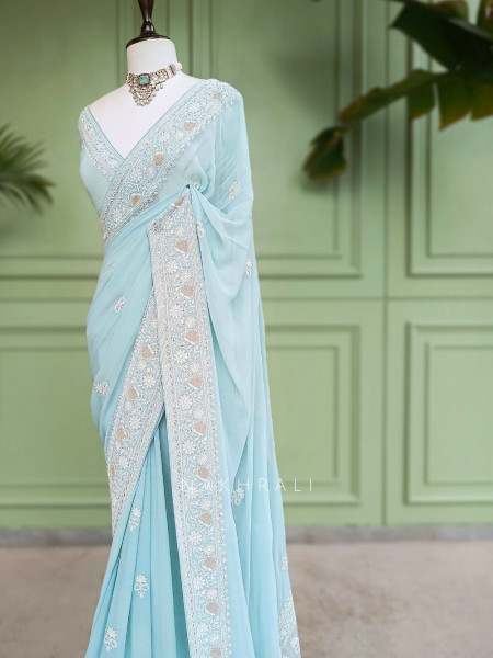 Vanya Bloom Sea Green Chikankari  Saree With Running Blouse Piece Chikankari