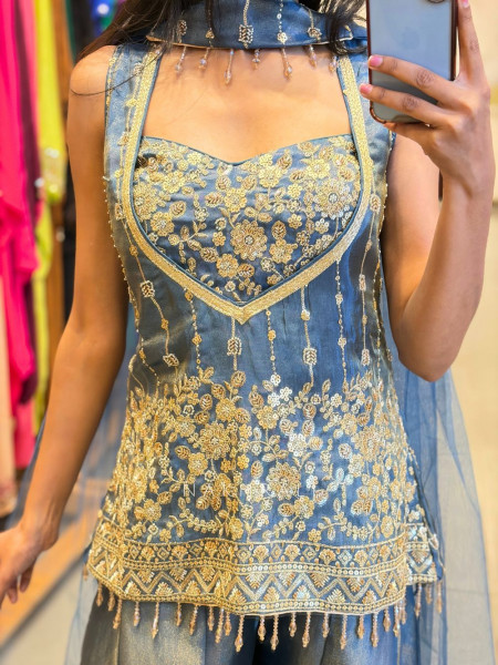 Laylara Blue Indo Western Palazzo Set with Sequin Work