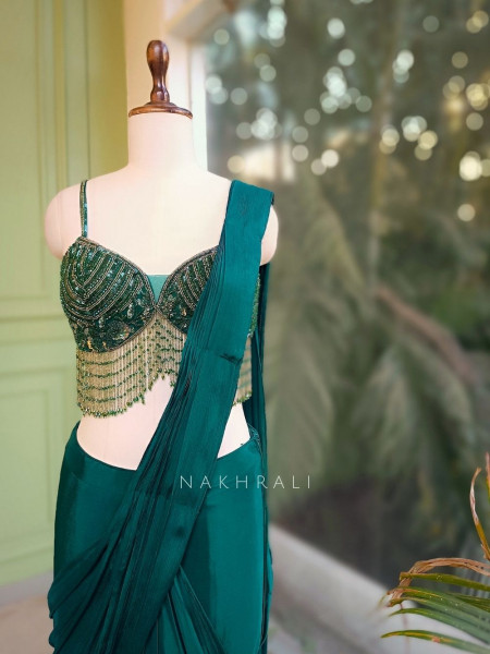 Zarreen Emerald Drape Saree Set with Handworked Blouse