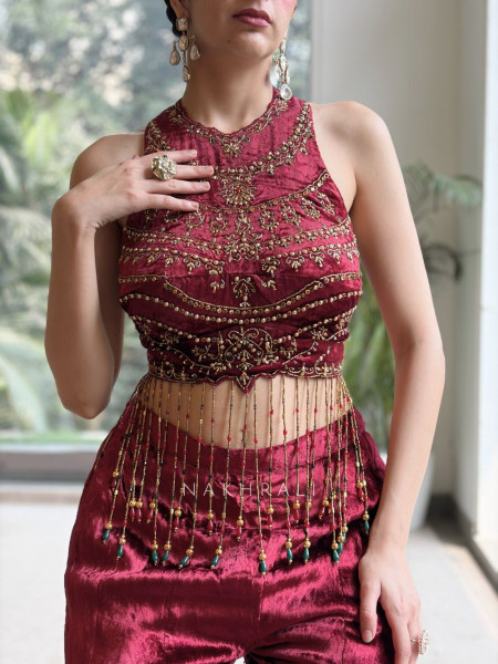 Nazneen Maroon Velvet Indo-Western Crop Top Palazzo
