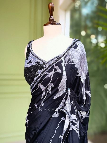 Midnight Muse Black Satin Saree with Sequin Blouse