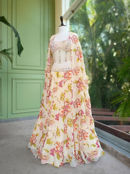 Floral Cream Corset Lehenga with Sequin and Mirror Work