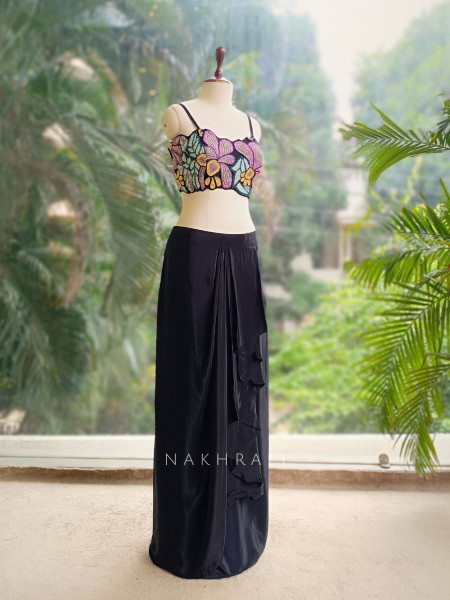 Viola Bloom Black Sequin Embroidered Dhoti Skirt Set