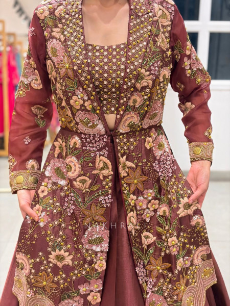 Sorrel Maroon Indo Western Lehenga Jacket Set