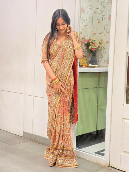 Kalaki Red Printed Saree with Sequin Embroidery Work