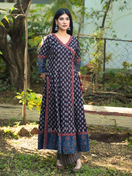 Umrao Black Angrakha Cotton Kurta