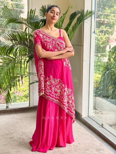 Azure Bloom Cape Magenta Top Sharara Set with Cut dana Work