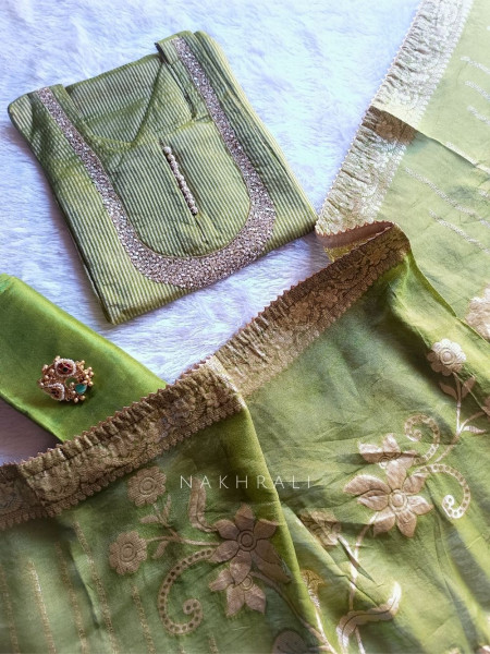 Noorline Glow Green Semi-stitched Dress Material with Sequin and Cut Dana Work