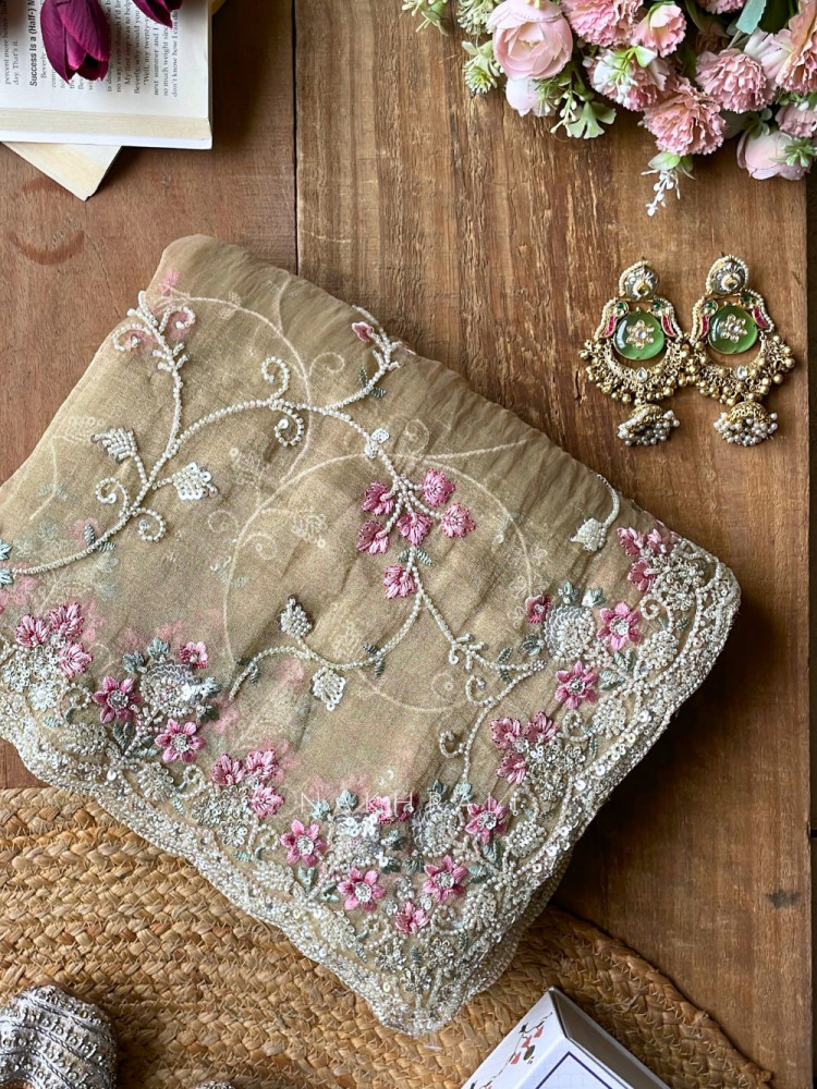 Image of Sorelle Beige Organza Saree with Cut Dana Embroidery