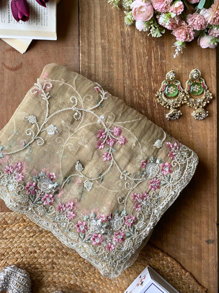 Sorelle Beige Organza Saree with Cut Dana Embroidery