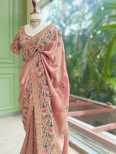 Siya Peach Floral Embroidered Saree with Readymade Blouse
