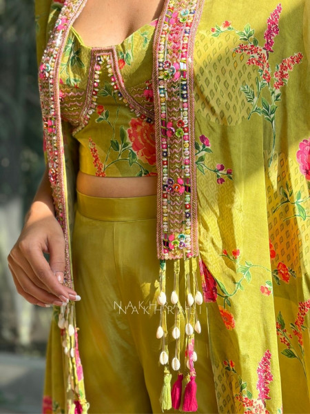 Vireya Lime Green Floral Cape Palazzo Set