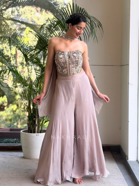 Midnight Muse Beige Indo Western Palazzo Set with Sequin Bead Work