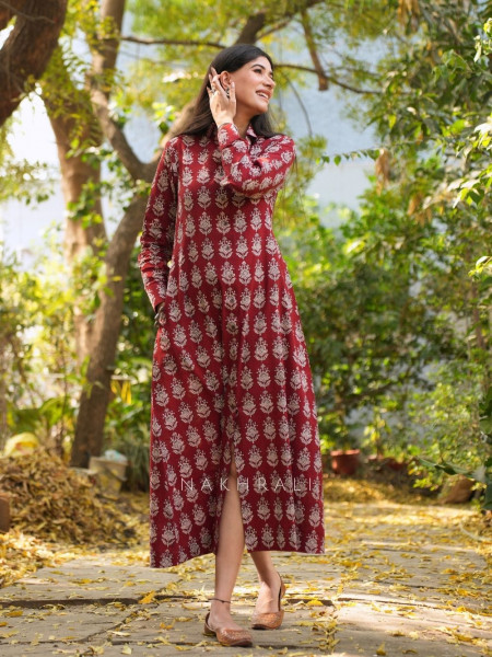 Rihana Maroon Cotton Block Printed Button-Down Dress