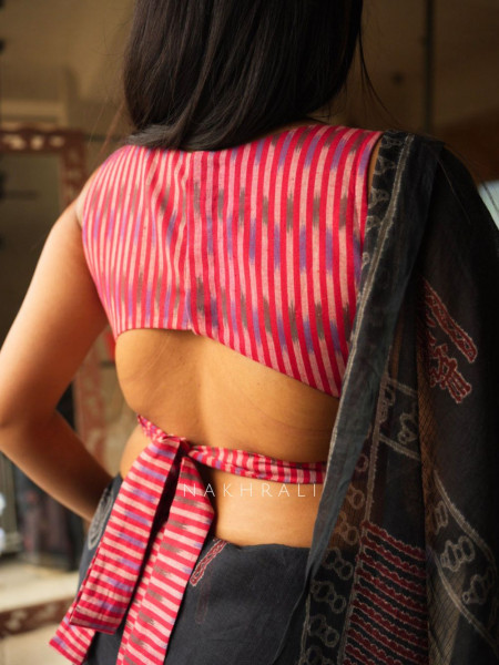 Assorted Magenta Ikat Woven Sleeveless Blouse with Tie-Up Back Detail