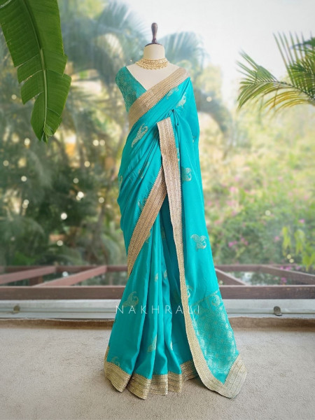Tavira Rama Saree with Broad Border and Unstitched Blouse Piece
