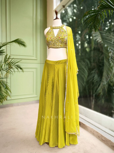 Green Silk Crop Top Palazzo Set with Cut Dana, Beads & Mirror Work