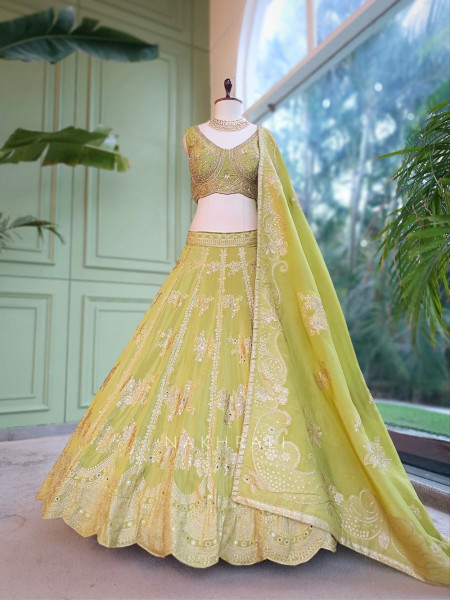 Pank Parrot Green Banarasi Silk Lehenga Set With Sequin Floral & Paisley Work