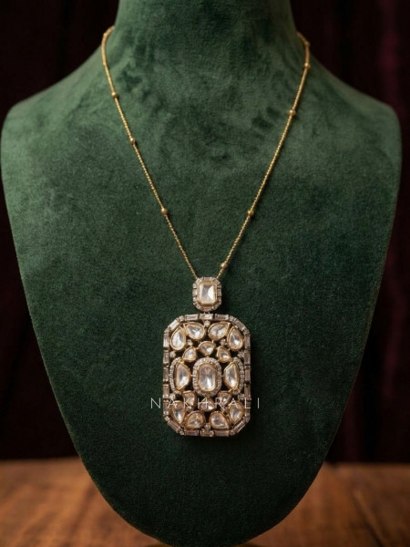 Suvritha White Long Necklace Set With Stone-Studded Pendant Detail