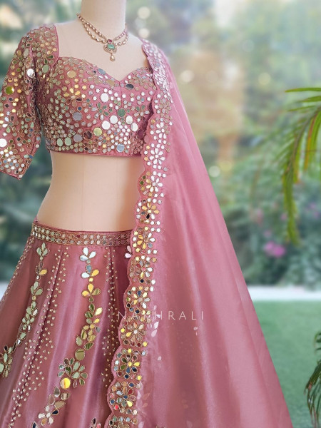Aaina-e-Gul Pink Tissue Silk & Organza Silk Lehenga
