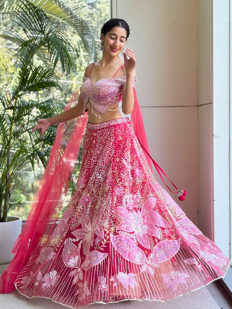 Image of Aveline Magenta Lehenga with Sequin &amp; Pearl Detailing