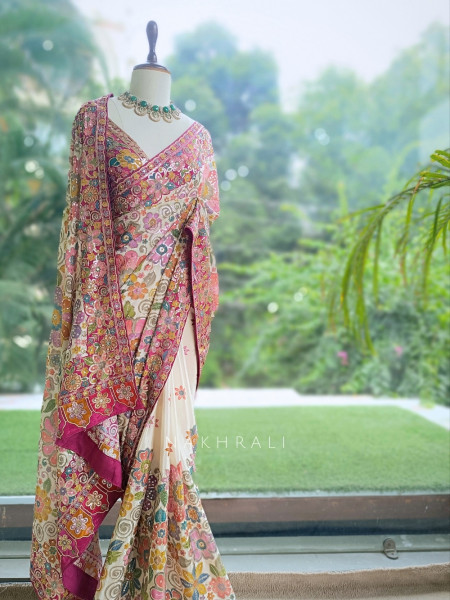 Kaleido Flora  Cream Silk Georgette Saree