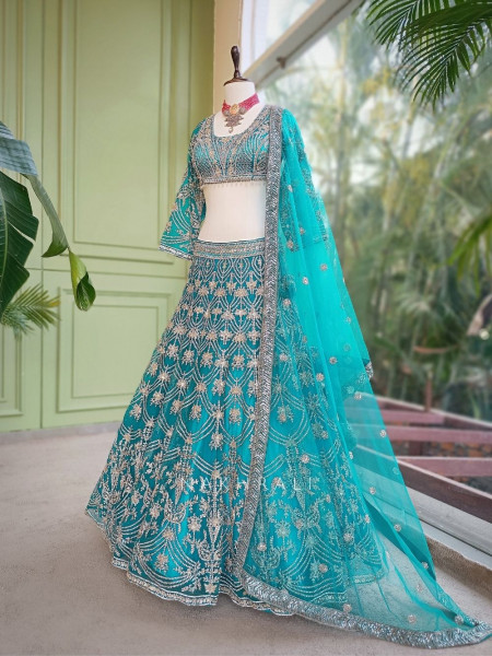 Gulnaar Firozi Lehenga Set with Mirror, Beads and Heavy Embroidery