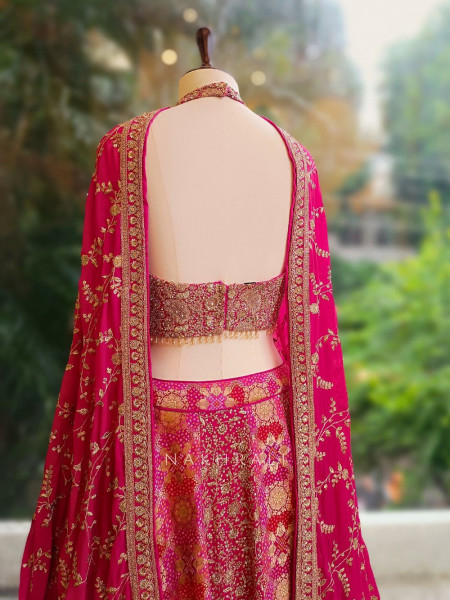 Ruhani Magenta Brocade Lehenga with Zari and Sequin Work